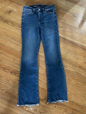 American Eagle Outfitters Dark Blue Frayed Hem High Rise Skinny Kick jeans